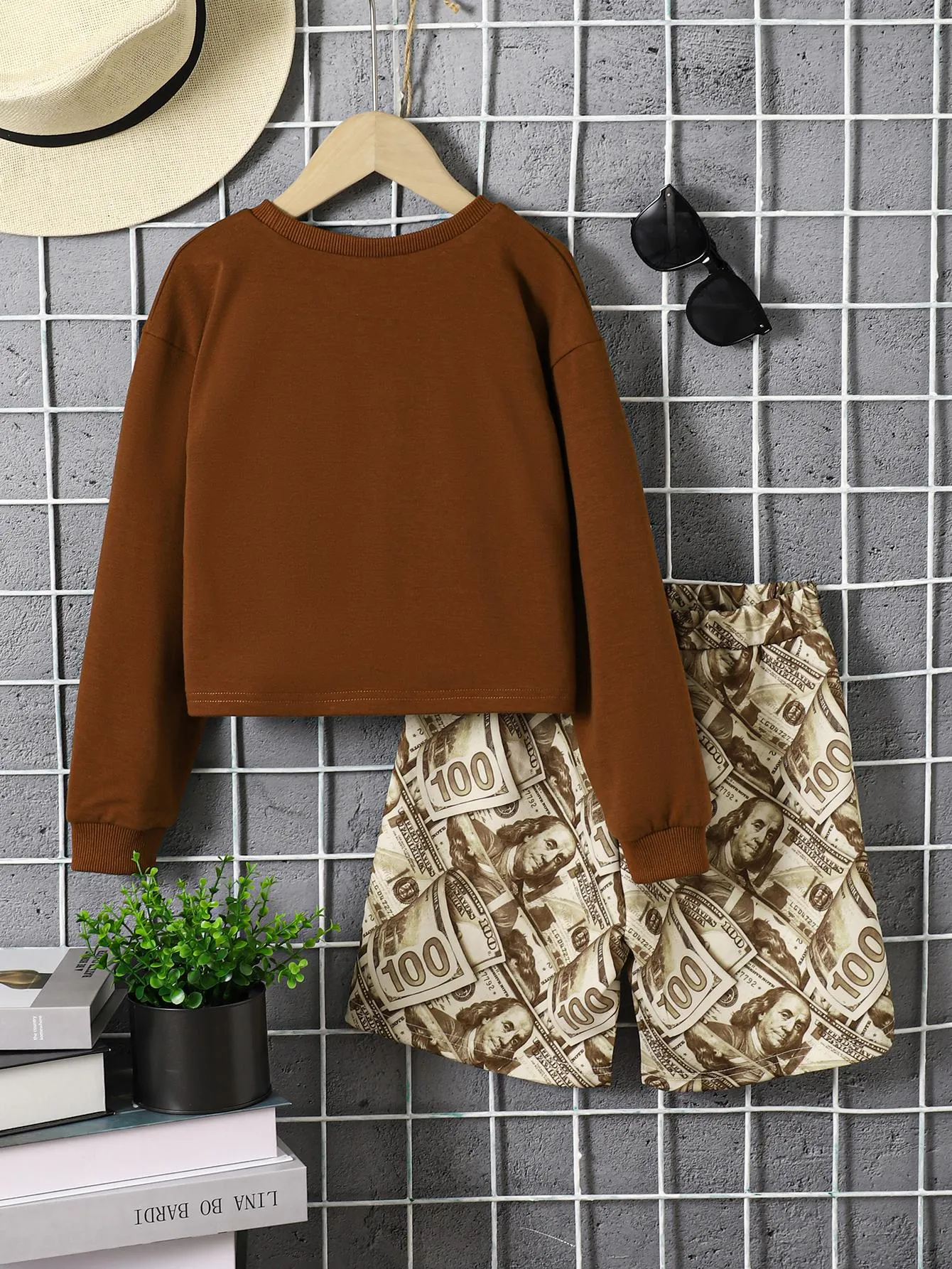 8-14Y Ready Stock Kids Girls Outfits Bear Print Sweatershirt Elastic Dollar Print Casual Shorts 2Pcs Clothes Set Brown Catpapa 462304010