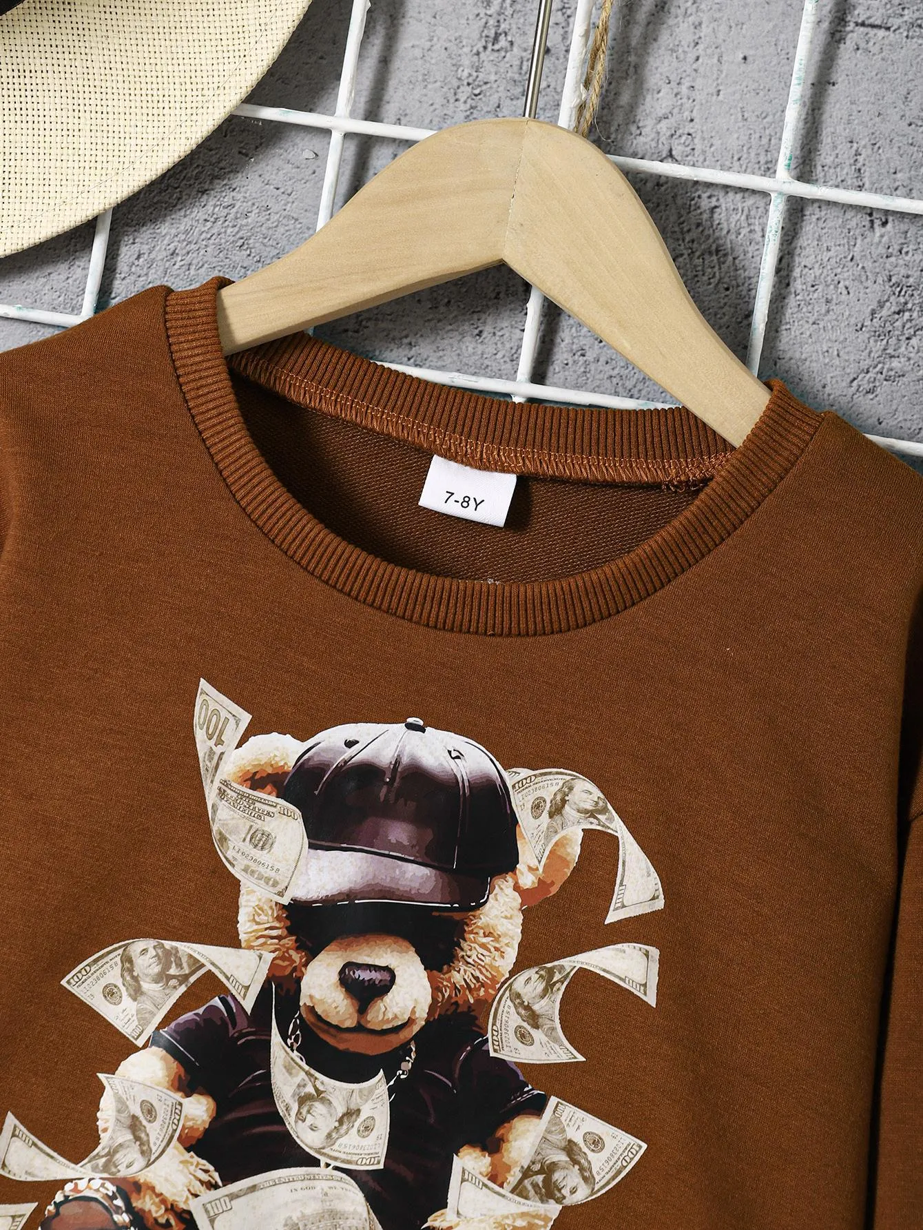 8-14Y Ready Stock Kids Girls Outfits Bear Print Sweatershirt Elastic Dollar Print Casual Shorts 2Pcs Clothes Set Brown Catpapa 462304010