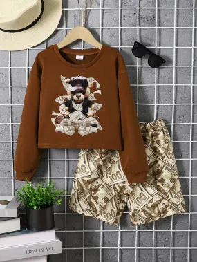 8-14Y Ready Stock Kids Girls Outfits Bear Print Sweatershirt Elastic Dollar Print Casual Shorts 2Pcs Clothes Set Brown Catpapa 462304010