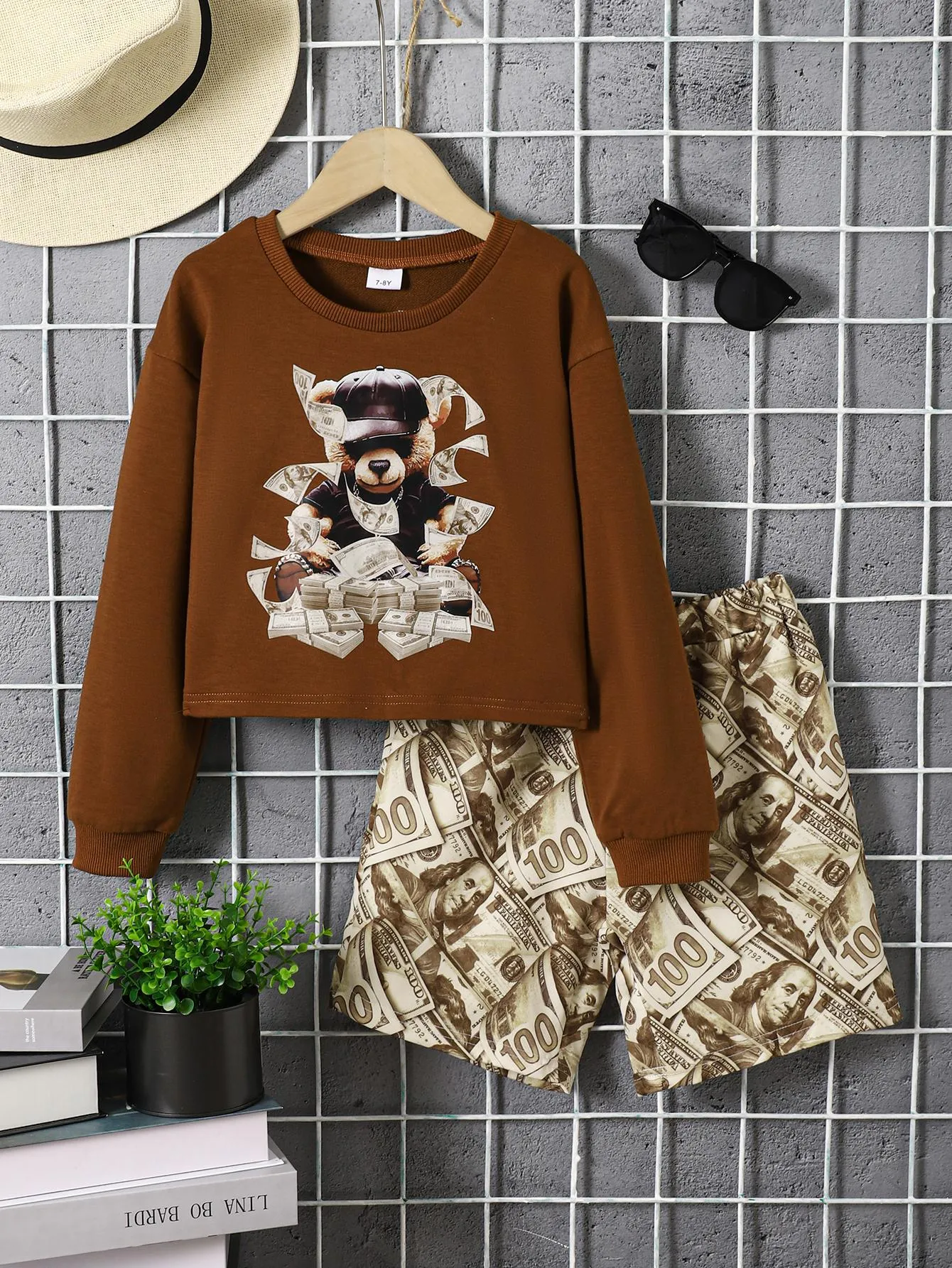 8-14Y Ready Stock Kids Girls Outfits Bear Print Sweatershirt Elastic Dollar Print Casual Shorts 2Pcs Clothes Set Brown Catpapa 462304010