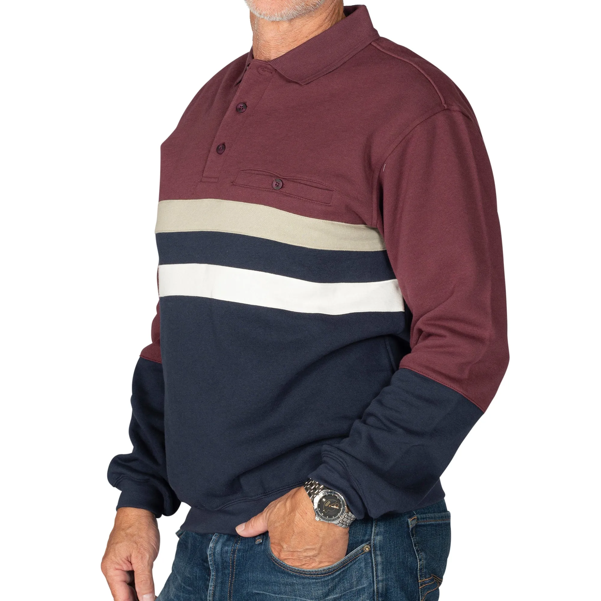 Classics by Palmland Horizontal Stripes Long Sleeve Banded Bottom Shirt 6198-210BT Burgundy Big and Tall