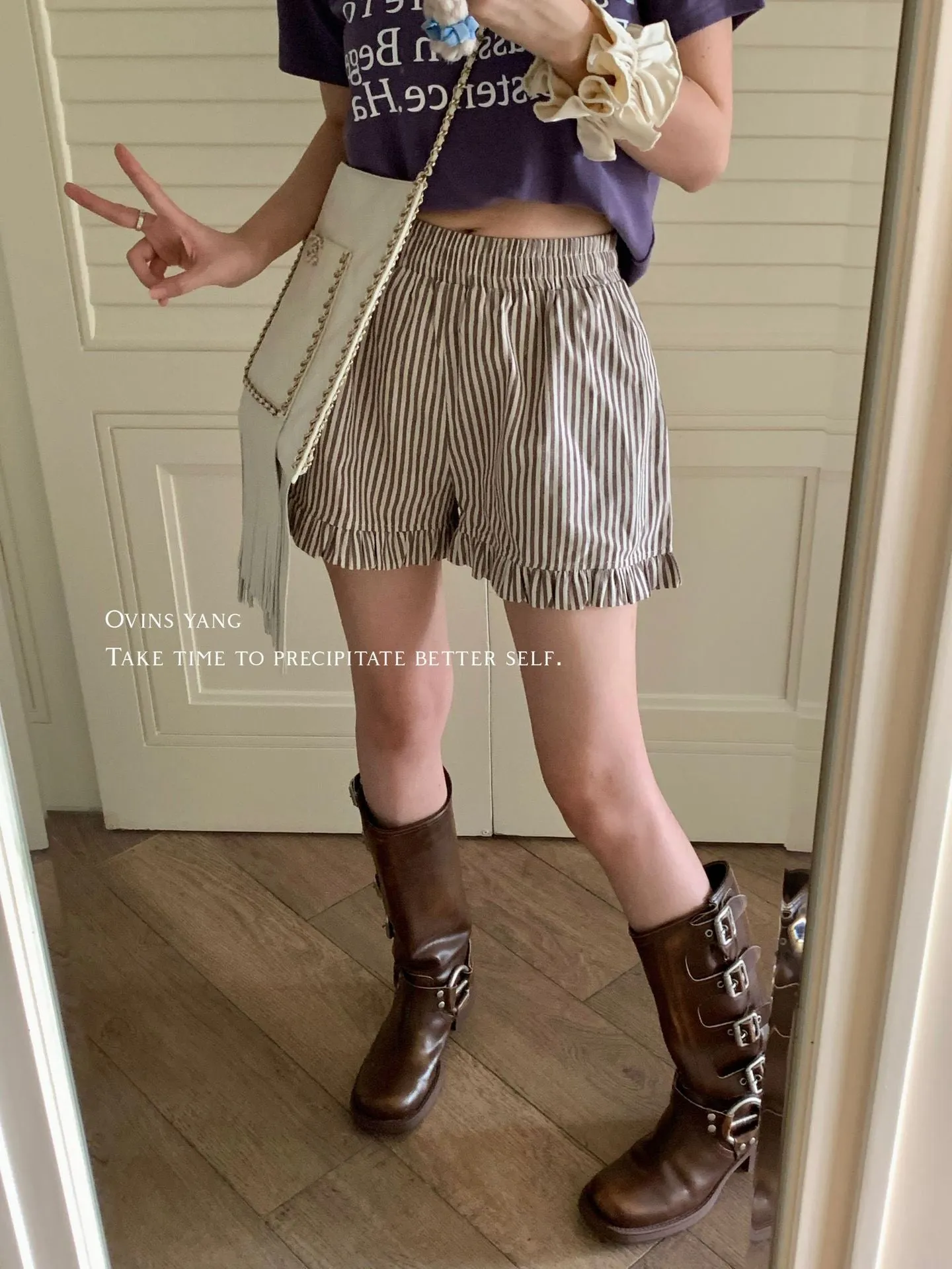 Elastic Stretchy Cute Stripes Waistband Ruffle Edge Womens Shorts