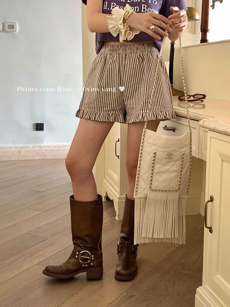 Elastic Stretchy Cute Stripes Waistband Ruffle Edge Womens Shorts