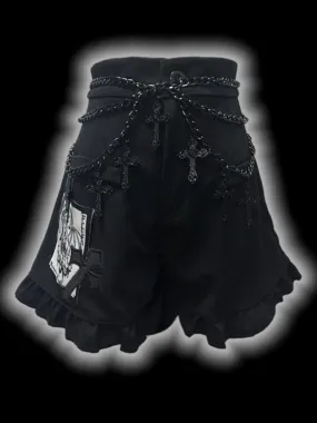 Gothic Black CrossPatches High Waist Ruffle Trim Shorts with Free Waist Chain