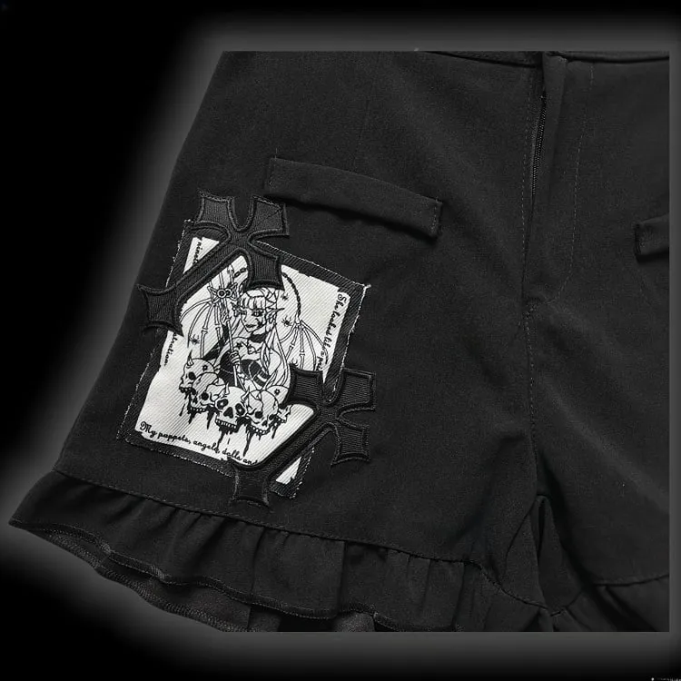 Gothic Black CrossPatches High Waist Ruffle Trim Shorts with Free Waist Chain