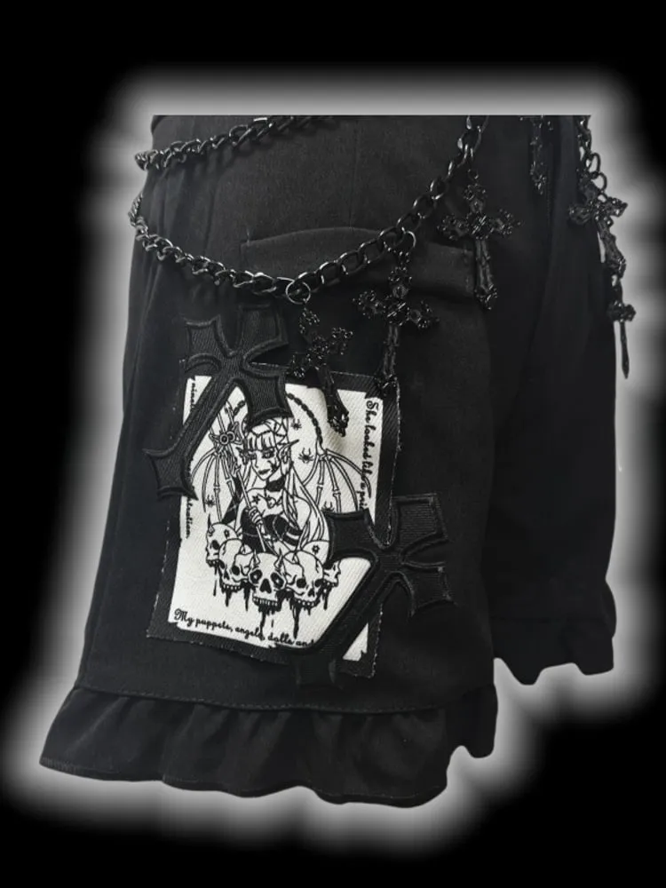 Gothic Black CrossPatches High Waist Ruffle Trim Shorts with Free Waist Chain