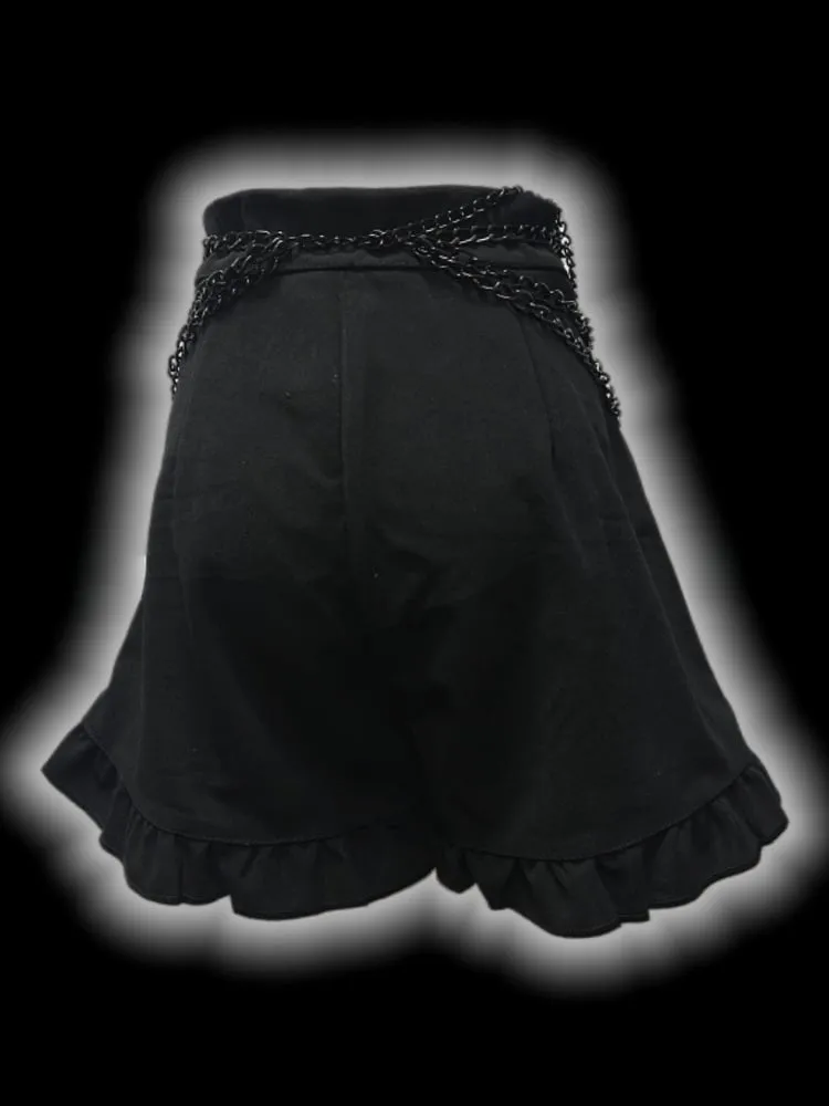 Gothic Black CrossPatches High Waist Ruffle Trim Shorts with Free Waist Chain