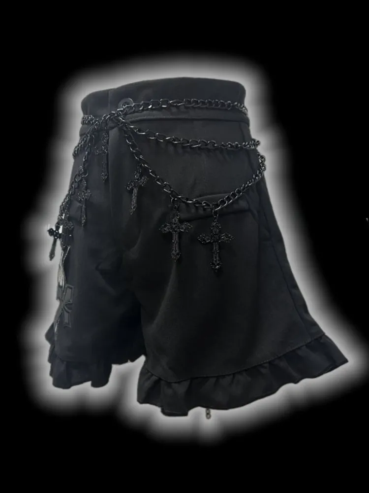 Gothic Black CrossPatches High Waist Ruffle Trim Shorts with Free Waist Chain