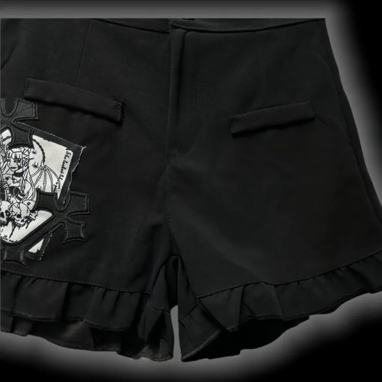 Gothic Black CrossPatches High Waist Ruffle Trim Shorts with Free Waist Chain