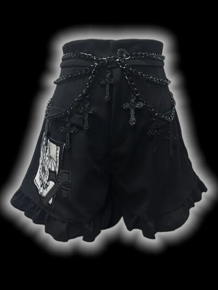Gothic Black CrossPatches High Waist Ruffle Trim Shorts with Free Waist Chain
