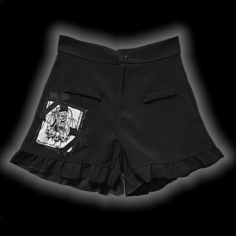Gothic Black CrossPatches High Waist Ruffle Trim Shorts with Free Waist Chain