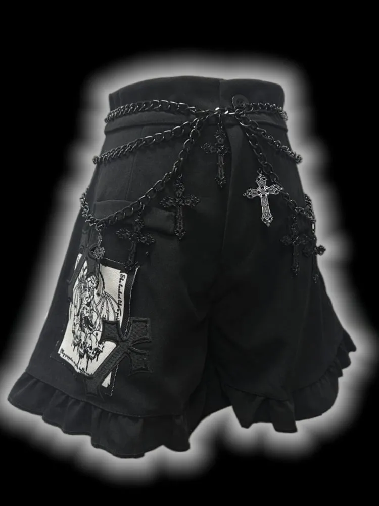 Gothic Black CrossPatches High Waist Ruffle Trim Shorts with Free Waist Chain