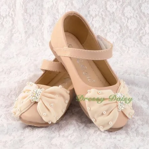 GS016 Pearls & Rhinestone Bow Shoes US Size 8.5-1.5 Flower Girl Pageant Party