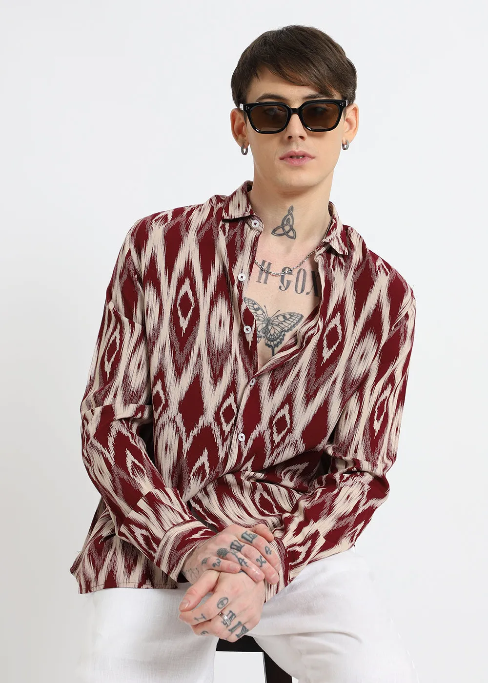 Ikat Maroon Feather Shirt