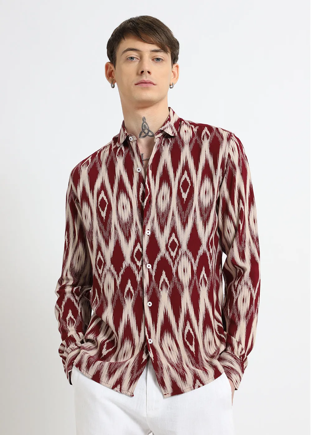 Ikat Maroon Feather Shirt