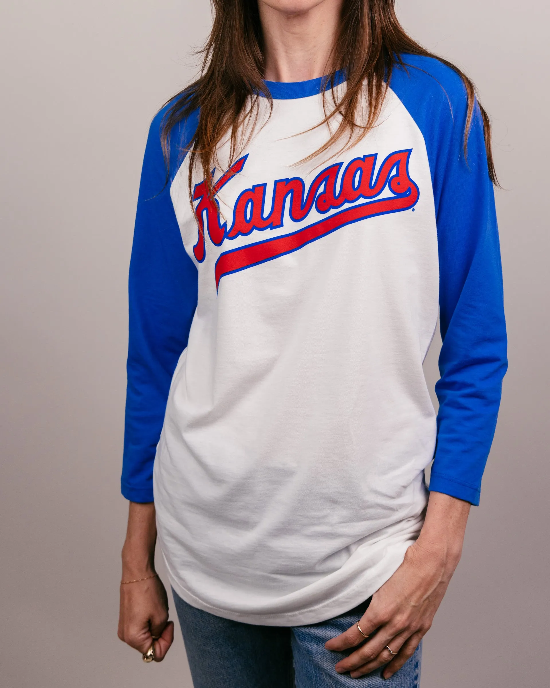 Kansas Jayhawks Script White & Royal Raglan