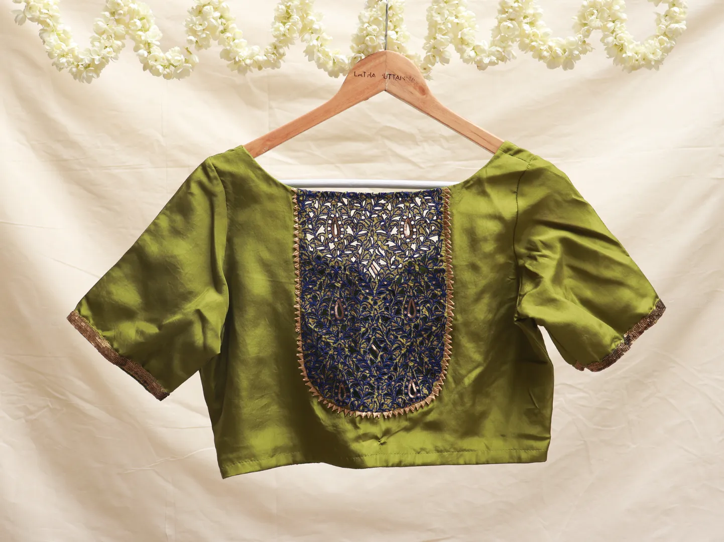 Moss Green, soft silk, cut work blouse