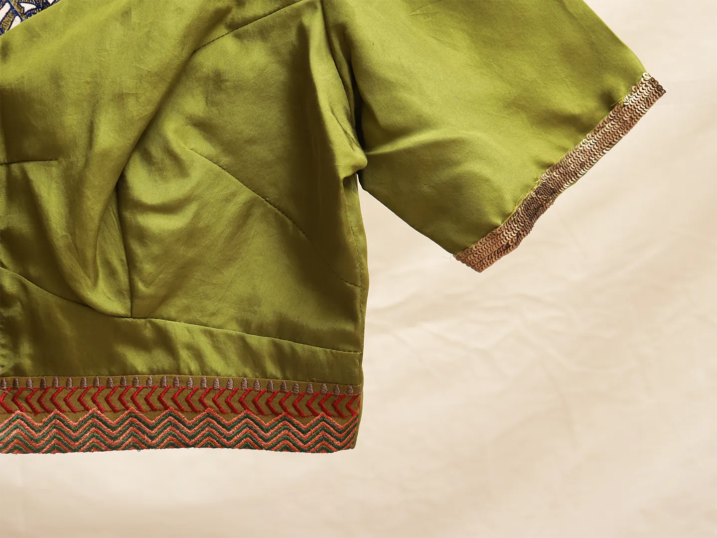 Moss Green, soft silk, cut work blouse