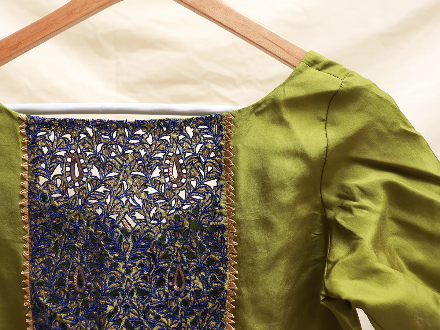 Moss Green, soft silk, cut work blouse
