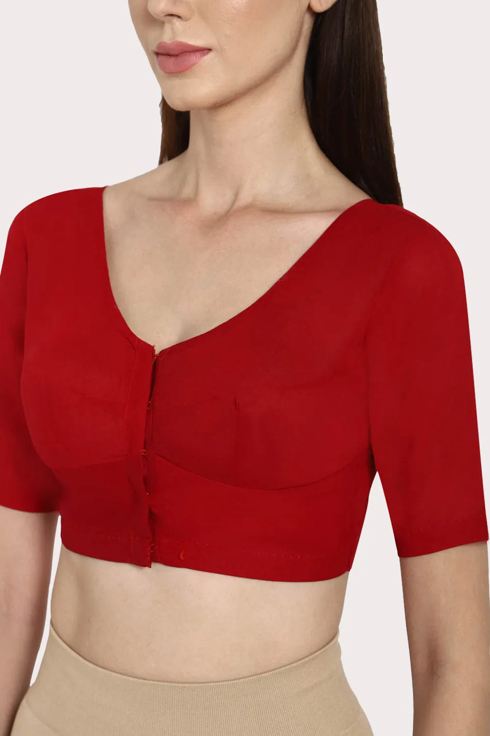 Naidu Hall Full Coverage Non-Wired Non-Padded Round Neck Long Sleeve Cotton Blouse  - Dark Red