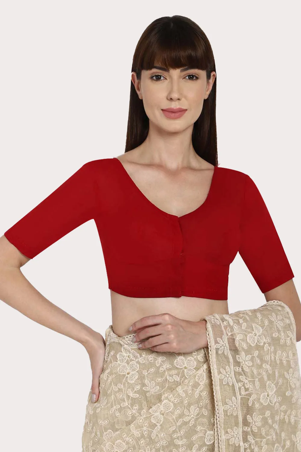 Naidu Hall Full Coverage Non-Wired Non-Padded Round Neck Long Sleeve Cotton Blouse  - Dark Red