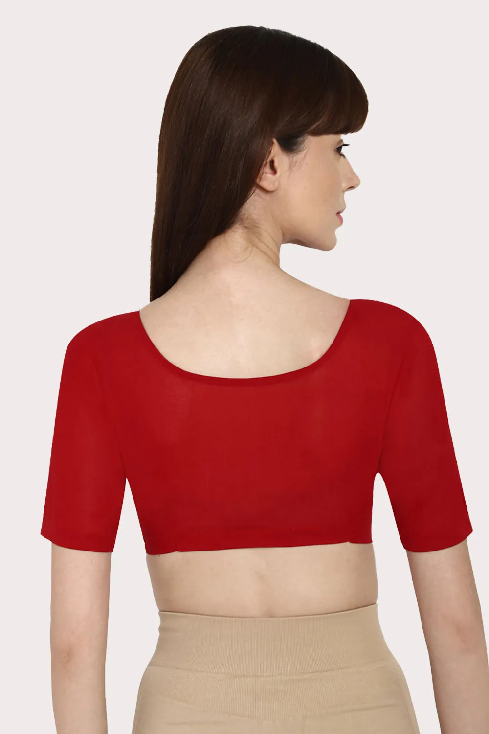 Naidu Hall Full Coverage Non-Wired Non-Padded Round Neck Long Sleeve Cotton Blouse  - Dark Red