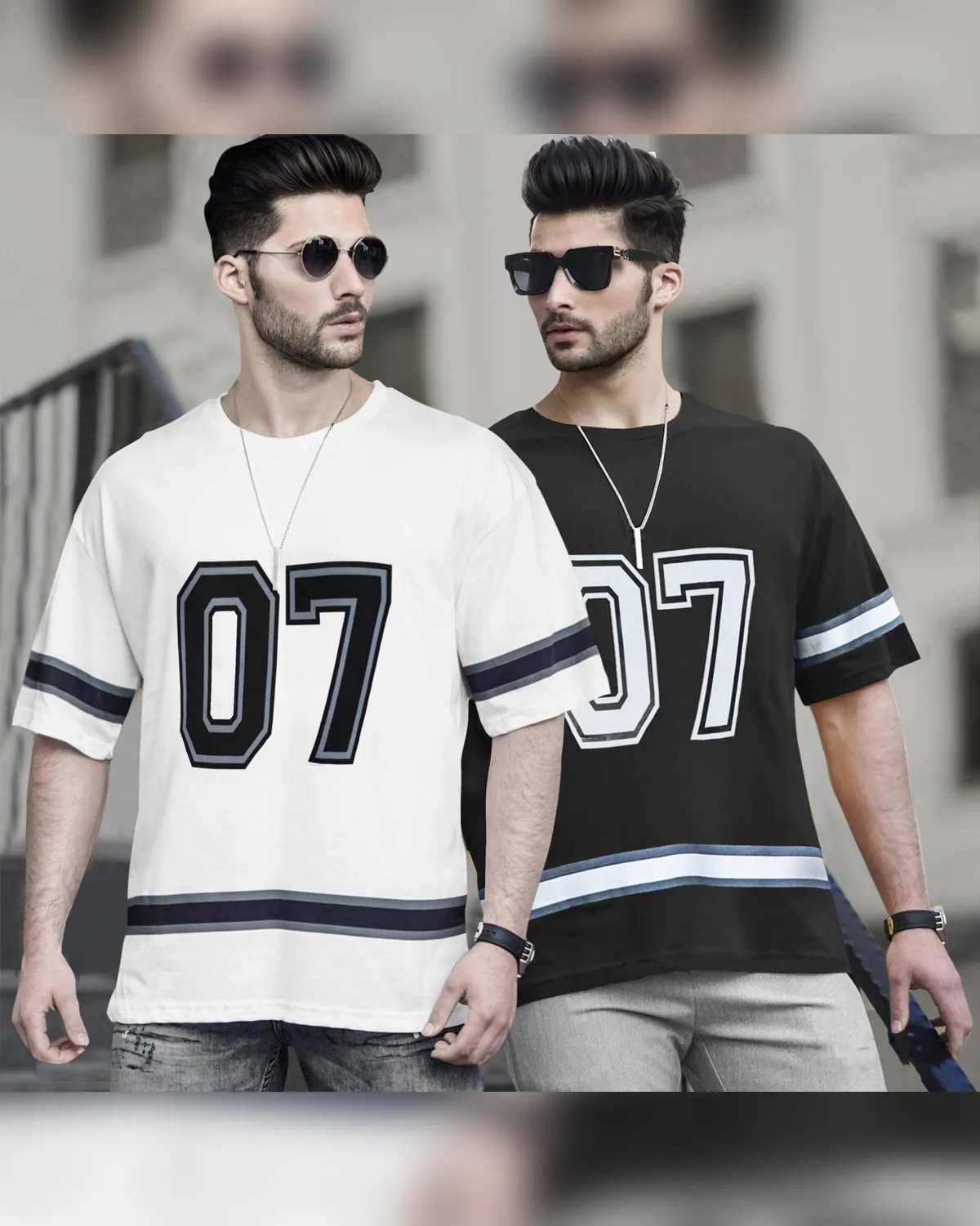 (Pack of 2) 07 Printed Oversized Combo T-Shirts | White & Black