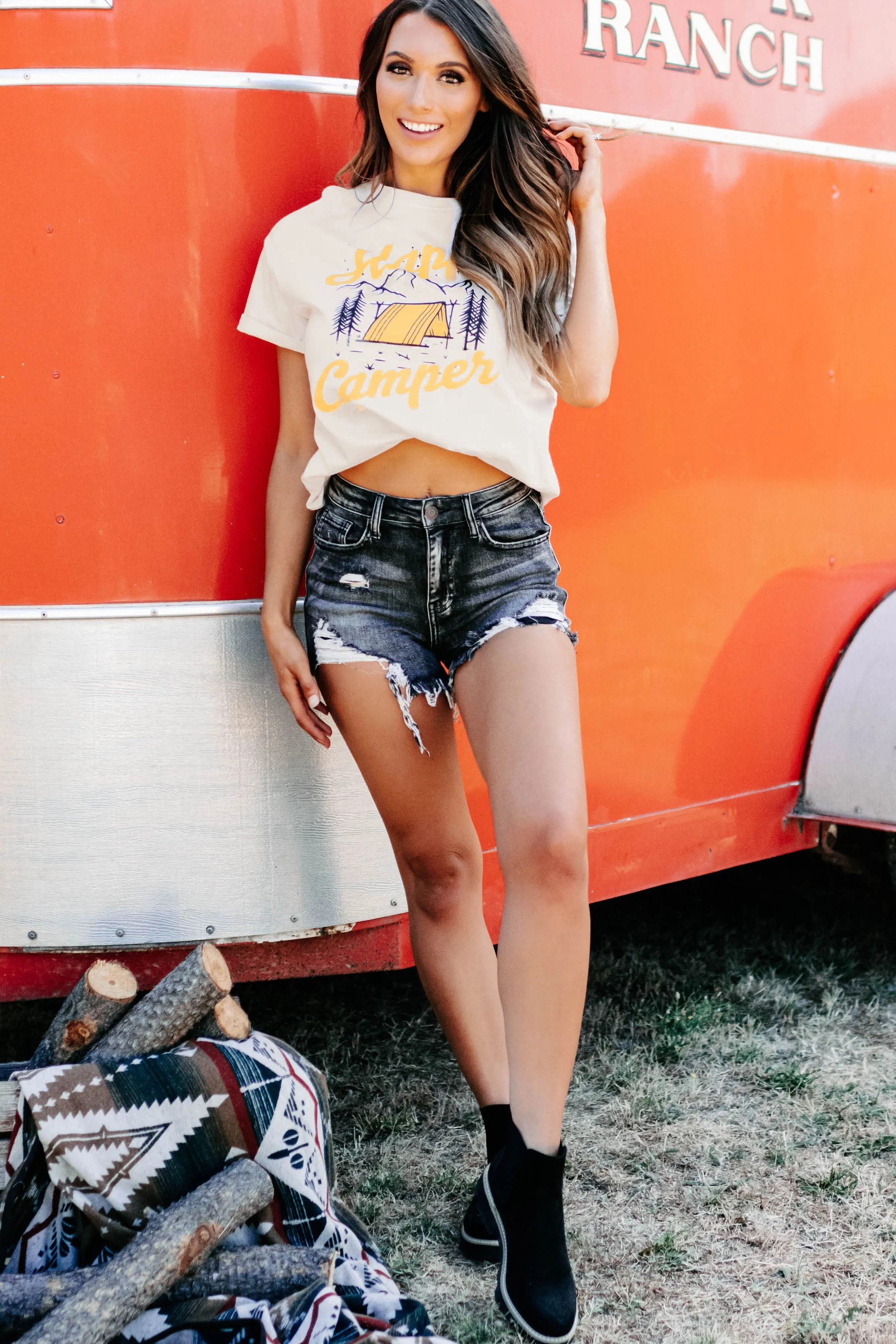 "Happy Camper" Oversized Graphic Top (Sand)