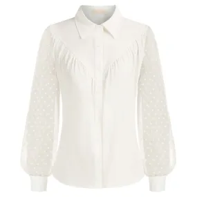Seckill Offer⌛Vintage Point Collar Shirt Loose Fit Lace Long Sleeve Button-up Blouse Tops