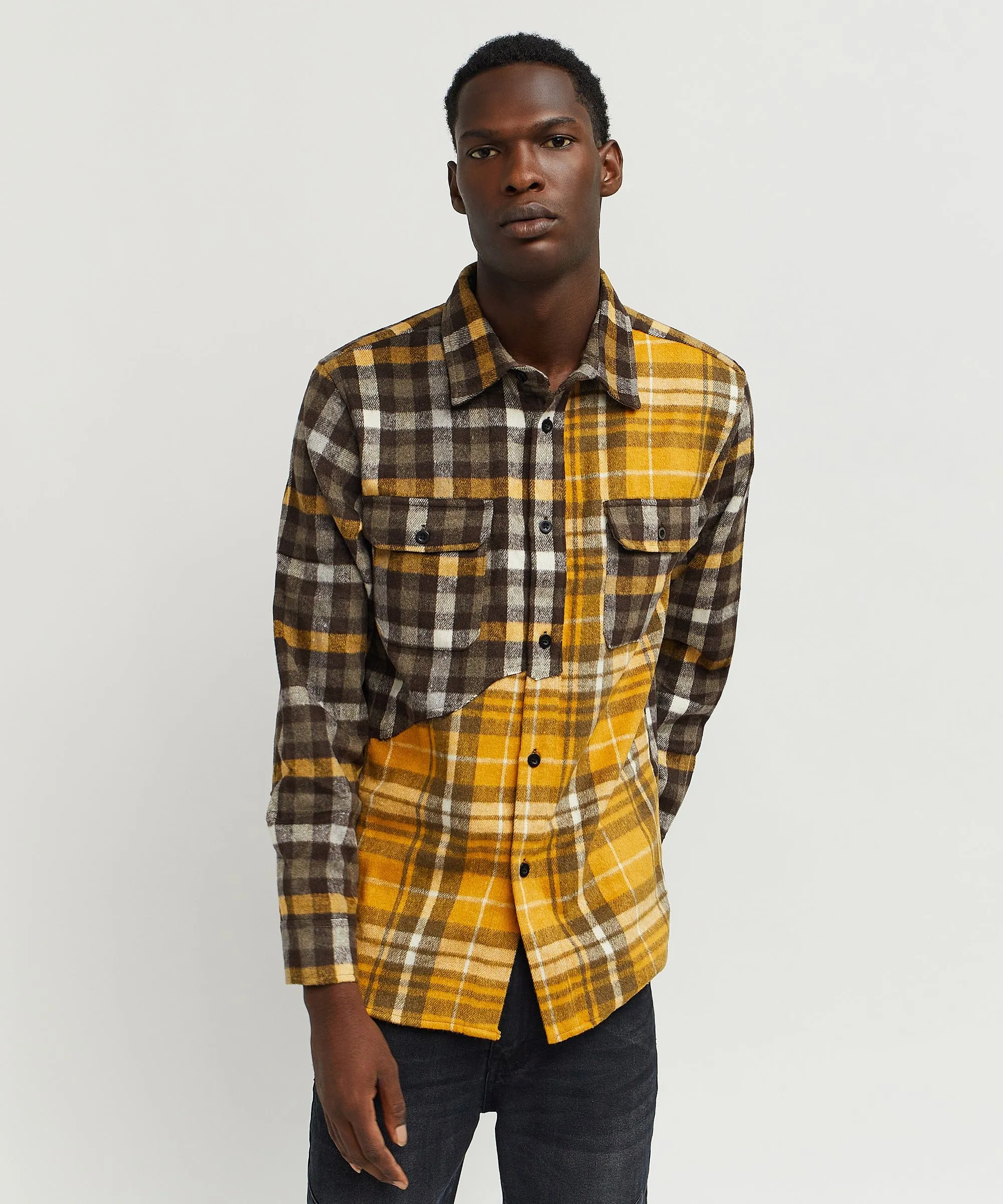 Spliced Checkered Color Blocked Overshirt - Yellow